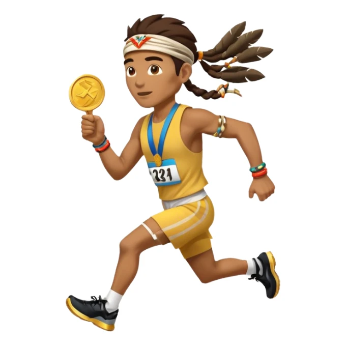 tribal shaman picking running a marathon with gold medal sticker