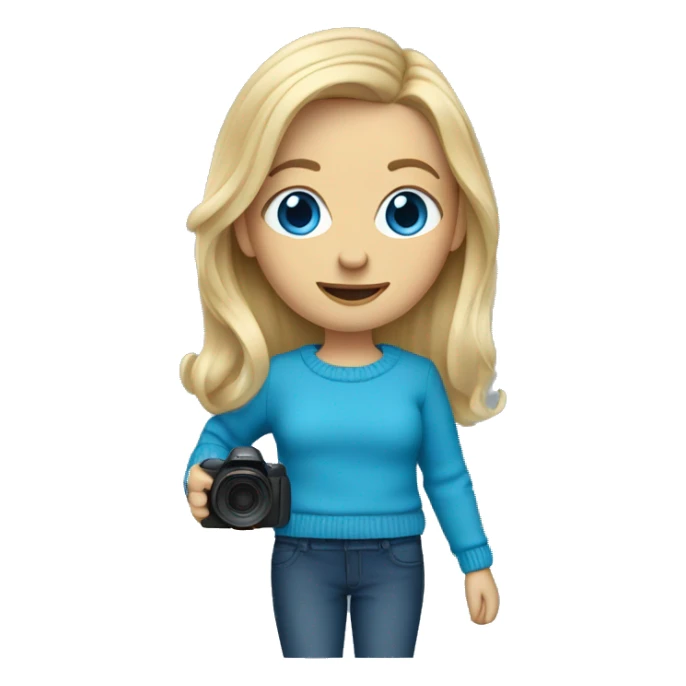 Shoulder length hair blonde in blue sweater with blue eyes holding camera sticker