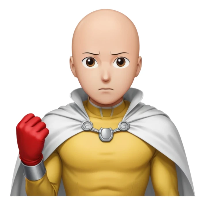 Saitama from One Punch Man, bald head, blank expression, yellow hero suit with white cape, red gloves sticker