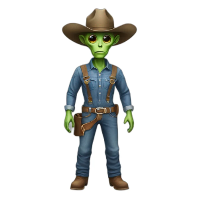 realistic alien wearing a cowboy hat and overalls sticker