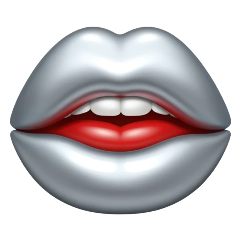 Chrome silver lips emoji, glossy metallic texture, iOS emoji style, smooth reflections, bold but minimal design, centered sticker