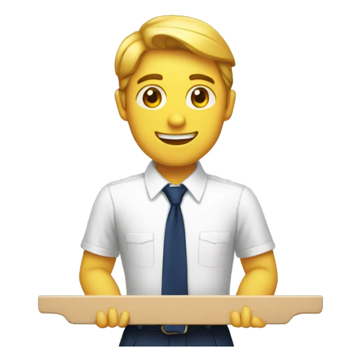 A man with white shirt navy blue tie raising a board sticker