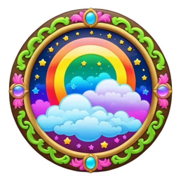 Beveled button with Neon rainbow colored damask style full moon with stars and clouds in the center sticker