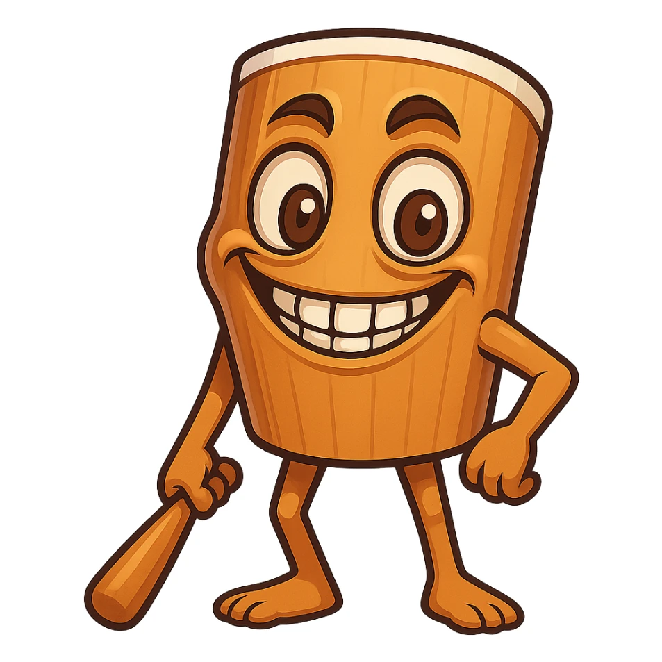 square image of absurd wooden stick-man creature, drum-like cylindrical body, holding baseball bat, cartoon style, bright vivid colors, expressive face, dynamic pose, a bit creepy yet funny,  sticker