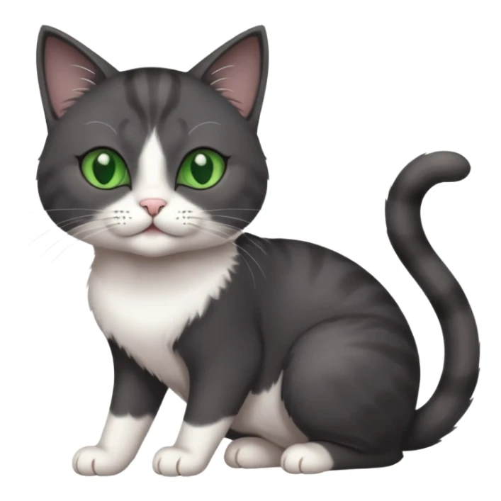 beautiful female solid dark grey cat with green eyes, white toes/paws and white patch on her chest playing sticker