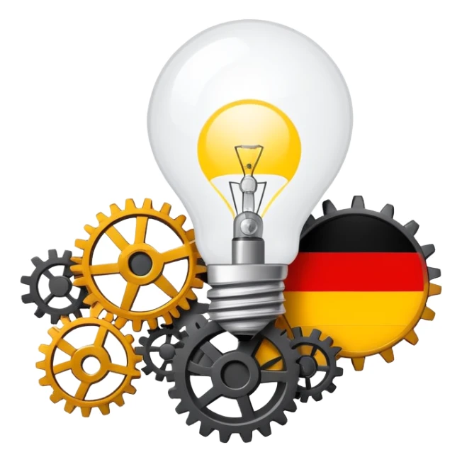 single emoji symbolizing German modernization in the 1970s with gears, lightbulb, and a small German flag, minimal details sticker