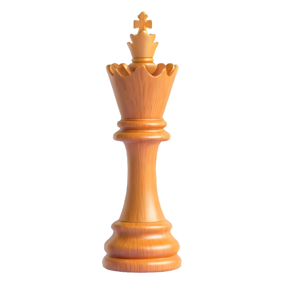 3D emoji style king chess piece, wooden texture, polished, realistic, no text sticker