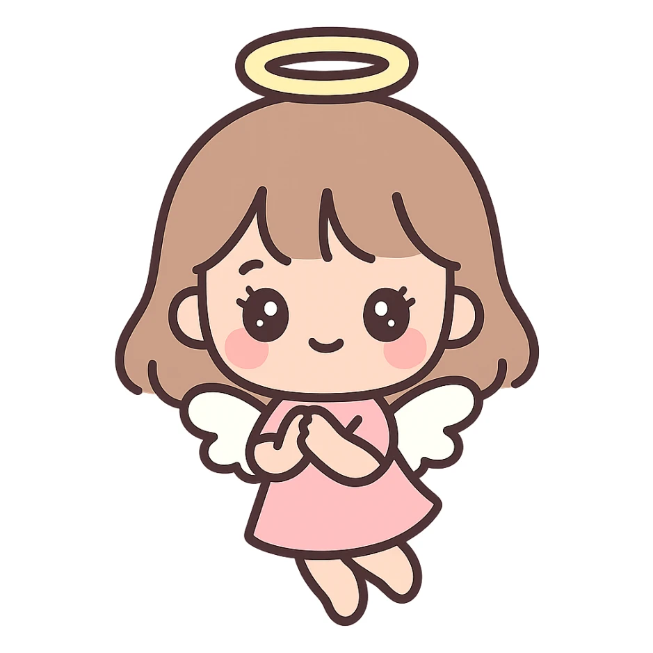 chibi style brown haired girl with bangs and big lashes, angel wings, floating with a halo, cute and innocent look sticker