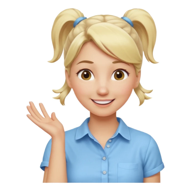A playful blonde female mature realistic character with wide, mischievous eyes, smiling, ponytail, dynamic pose suggesting movement, pastel colors, minimalistic and cute emoji style. sticker
