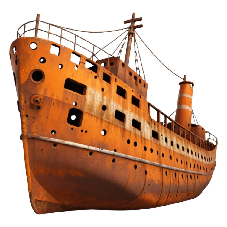 rusted ship wreck, heavily corroded metal hull, orange-brown rust textures, abandoned old ship, weathered surface, dramatic lighting, cinematic atmosphere, 3D cartoon style, mobile game environment art, clean composition, no people, no text, no watermark
 sticker