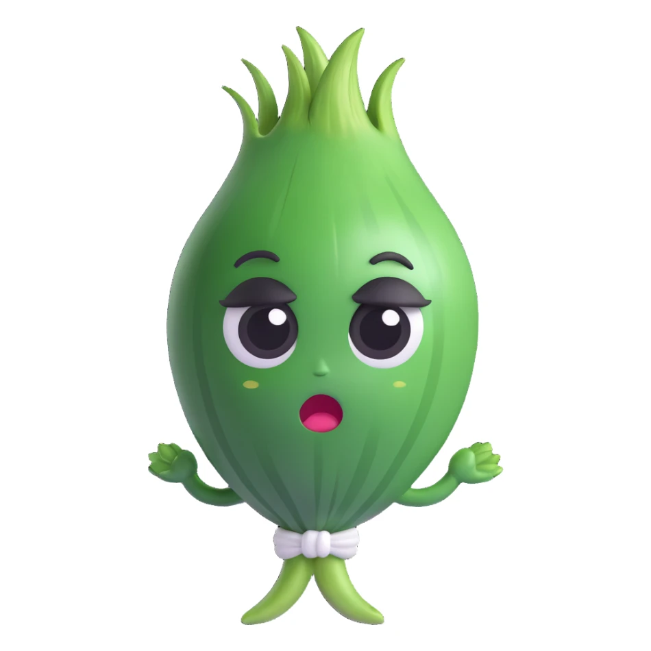 3D chibi green onion character, round white body, big eyes, green leaf hair, dramatic crying face with tears spraying out, pastel kawaii style, soft smooth textures, high quality lighting sticker