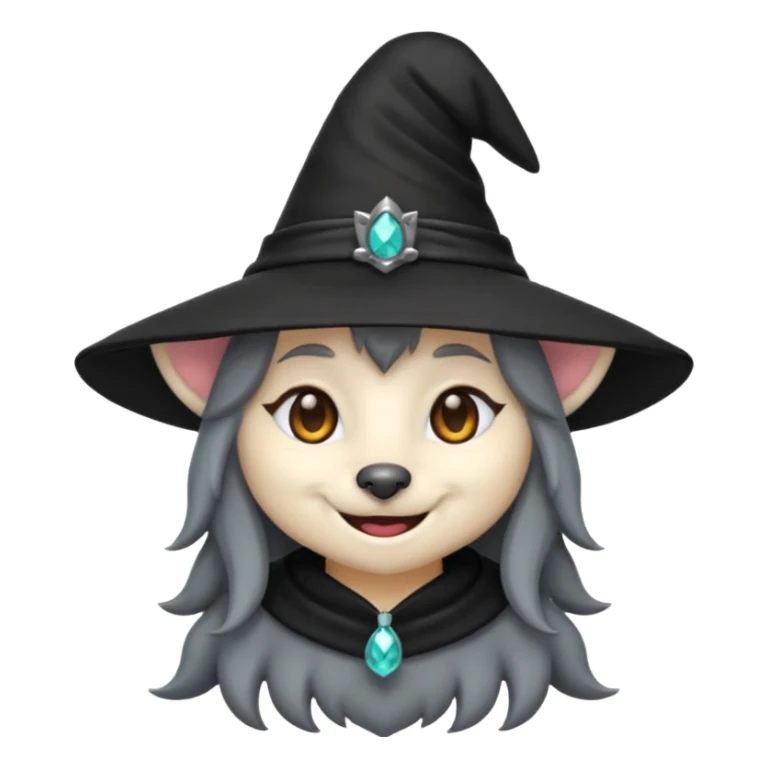 cute wolf witch emoji, smiling, wearing a pointy hat sticker