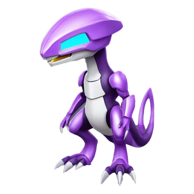 a shiny Genesect-Raptor-Fakémon—hybrid with a futuristic visor-helmet full body sticker