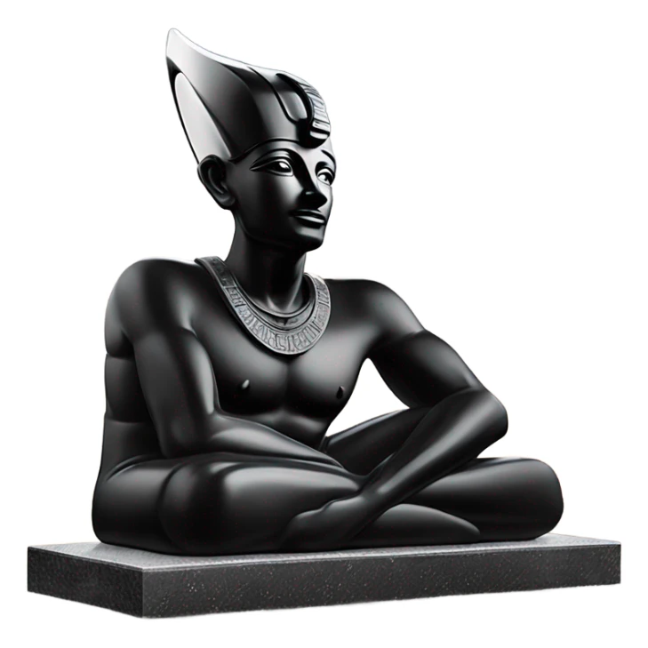 Osiris obsidian statue on granite 30 ton brick, massive size, sunlight behind, sunset colors, reflections on black stone polished clean perfect, photography angles sticker