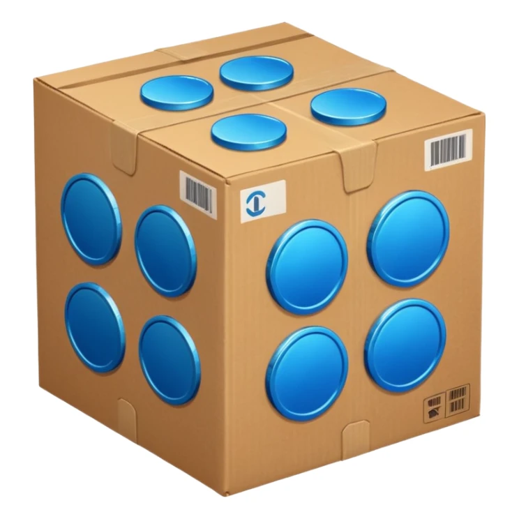 blue coins in a cardboard package sticker