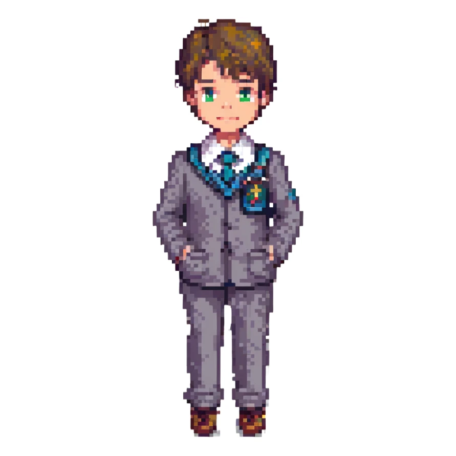 young boy in a Gilbert Inglefield school uniform, pixel art style sticker