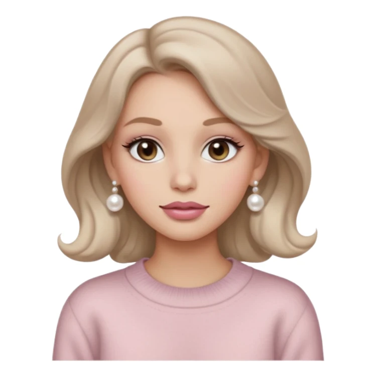 “Emoji girl, soft matte skin, neutral taupe eyeshadow, light rose lips, subtle contour, pearl earrings, loose waves, wearing cream cashmere sweater.” sticker