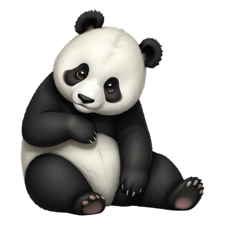 cinematic-[panda bear]-realistic-full-body-sitting-emoji,-tail-tucked-close,-head-tilted-dramatically,-thick-[black and white]-fur,-simplified-yet-realistic-focused-features,-highly-detailed,-glowing-with-an-almost-sarcastic-glow sticker