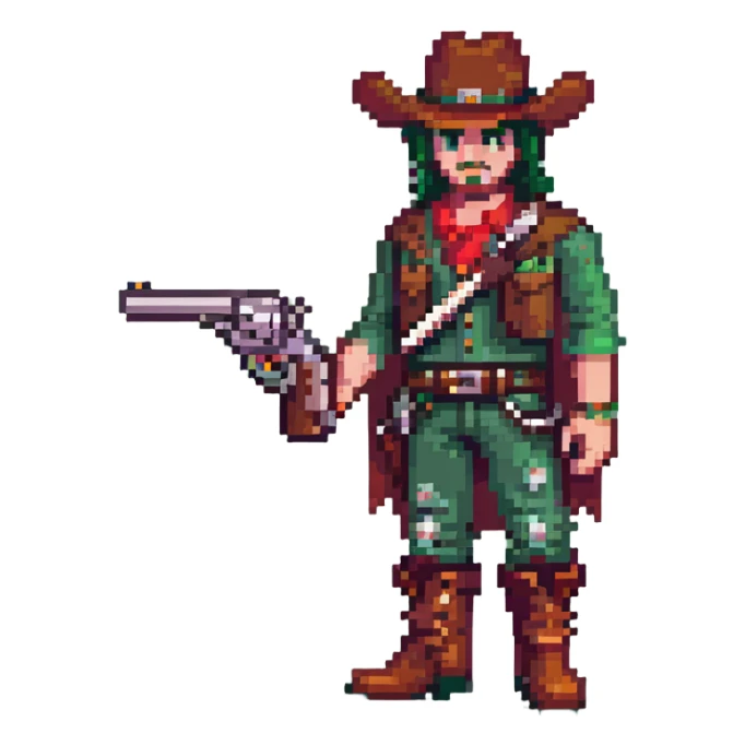 Green-clad cowboy character with revolver gun and boots sticker