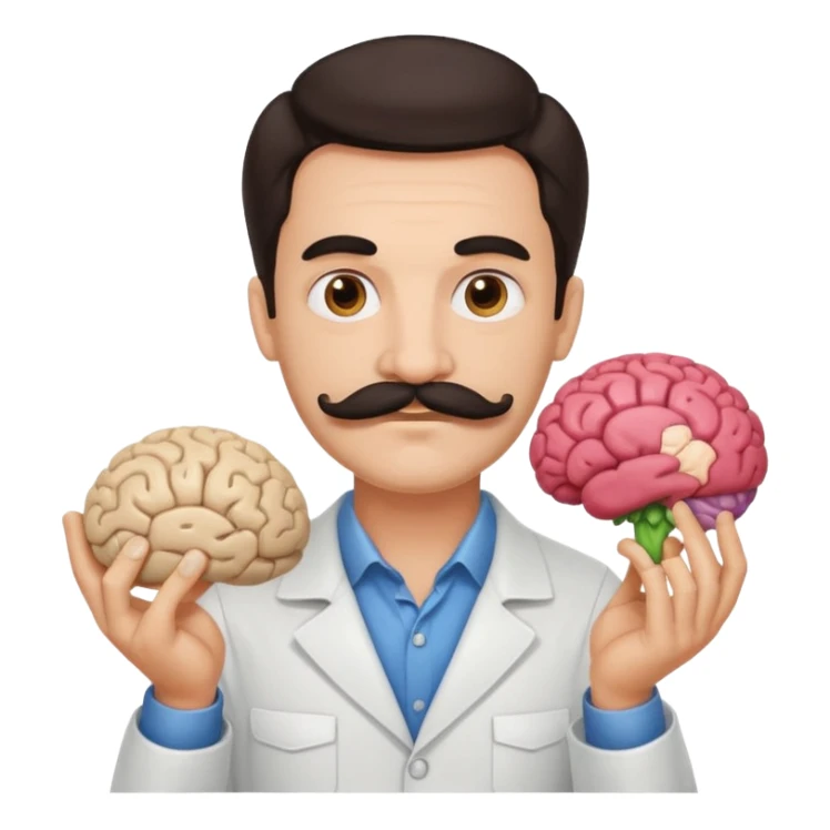 mustachioed man with dark hair holding a brain as an emoji different mustache  sticker