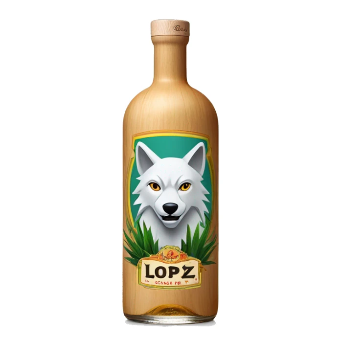 A tequila blanco classic long cylindrical bottle with a wolf on top of the label, "Lopez" on the middle, and agave plants on the bottom. The cap is made of light wood. sticker