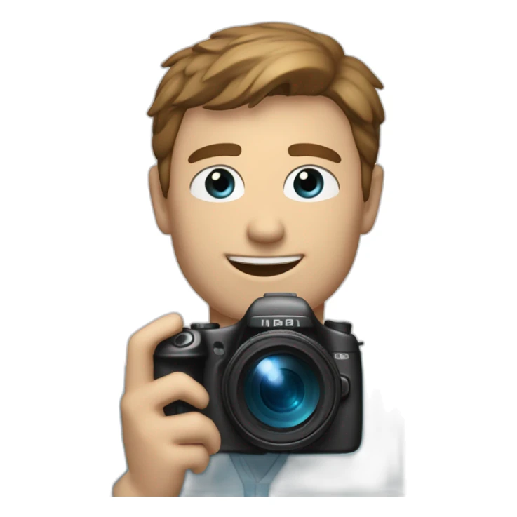 man with camera, he was smiling and he have brown short hair, blue eyes and he was tall. up camera there is a text "dir by mlodyw"  sticker