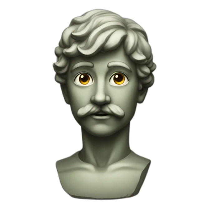 statue of young demiurge wearing mustache sticker