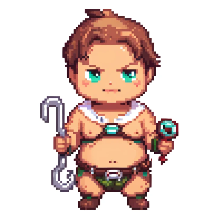 chibi Pudge from Dota 2, happy, holding hook, colorful, cute, pixel art style, standing, transparent background, 512x512 sticker