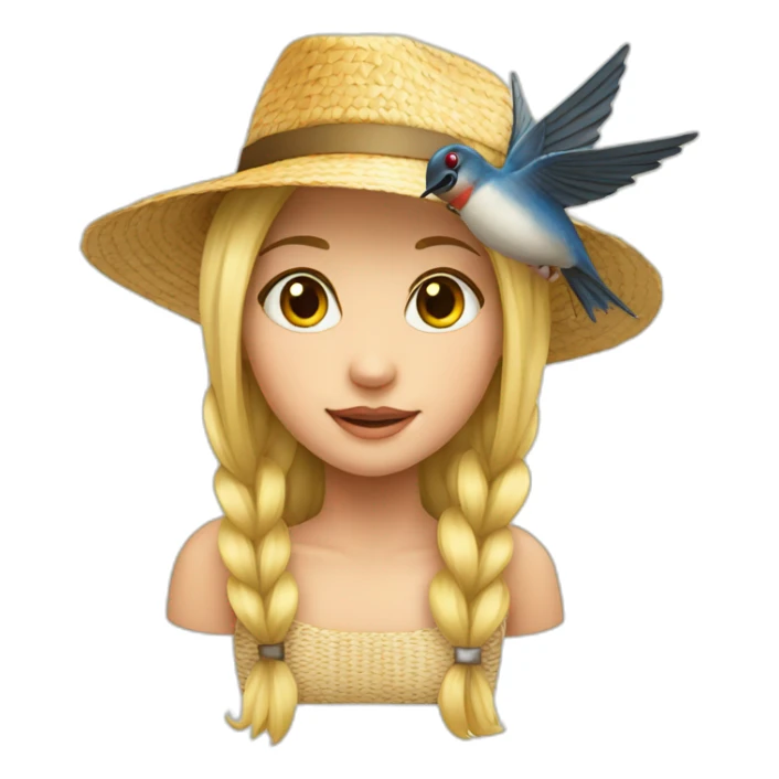 a blonde girl with a swallow with pigtails in straw a hat sticker