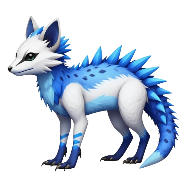 Rare realistic exotic edgy white and neon-blue epic pretty beautiful handsome gorgeous aesthetic colorful vibrant Vernid-Trico-species-Fakemon-creature by LiLaiRa, 4 legs, 1 tail, random markings, (full body) spikes on tail and back sticker