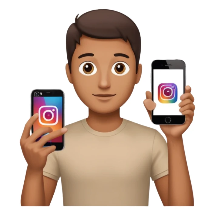 A man in frontal view holding up an iPhone toward the camera. The screen of the iPhone clearly displays the Instagram logo, brightly illuminated. The man is well-lit, sharp focus, modern clean background, high-resolution, professional aesthetic. sticker