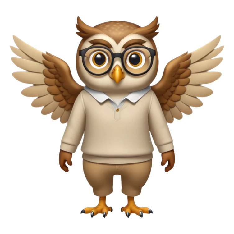 friendly anthropomorphised owl with wings instead of arms, in pants and a shirt, wearing glasses, walking upright, relaxed pose sticker