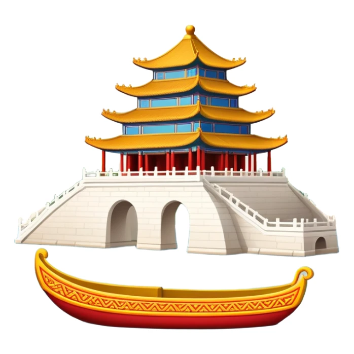 Summer Palace Beijing with marble boat, simplified emoji style with bold outlines and bright colors, cartoon style traditional Chinese palace on lake sticker