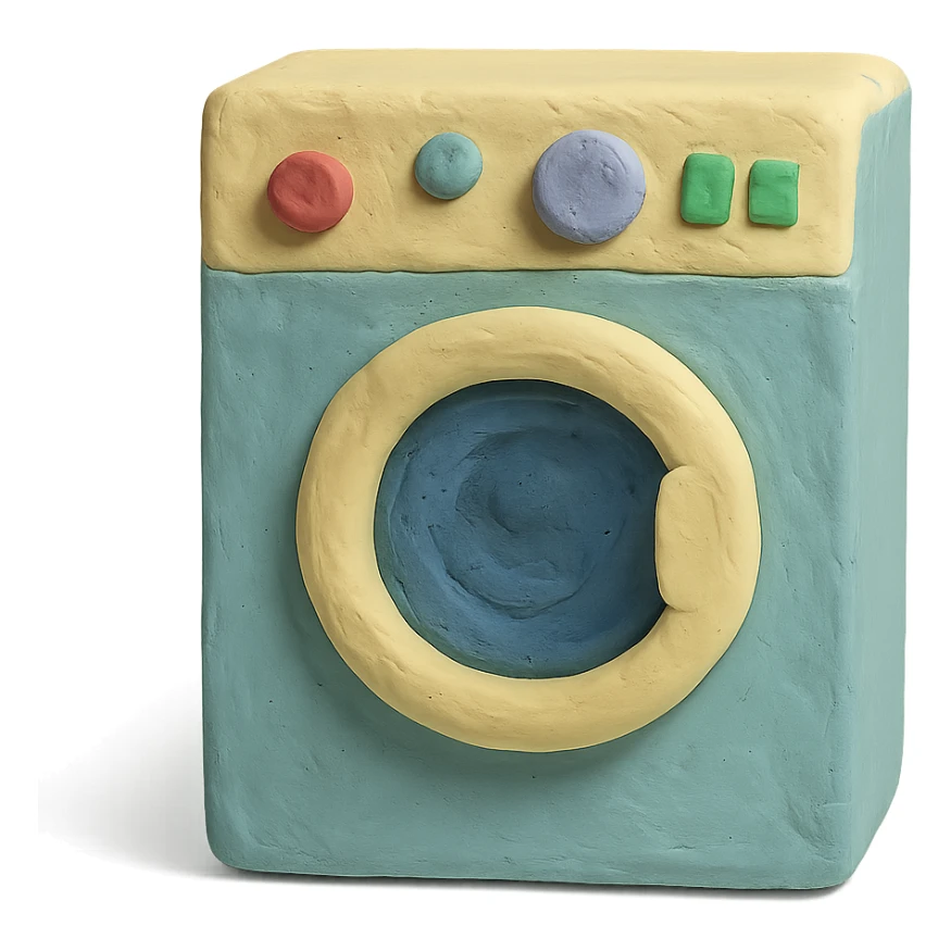 washing machine in claymation style with pastel colors and visible fingerprints sticker