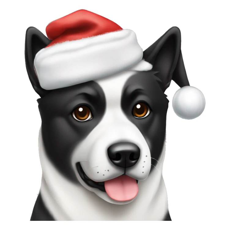 American akita white and black dog wearing a Christmas hat sticker