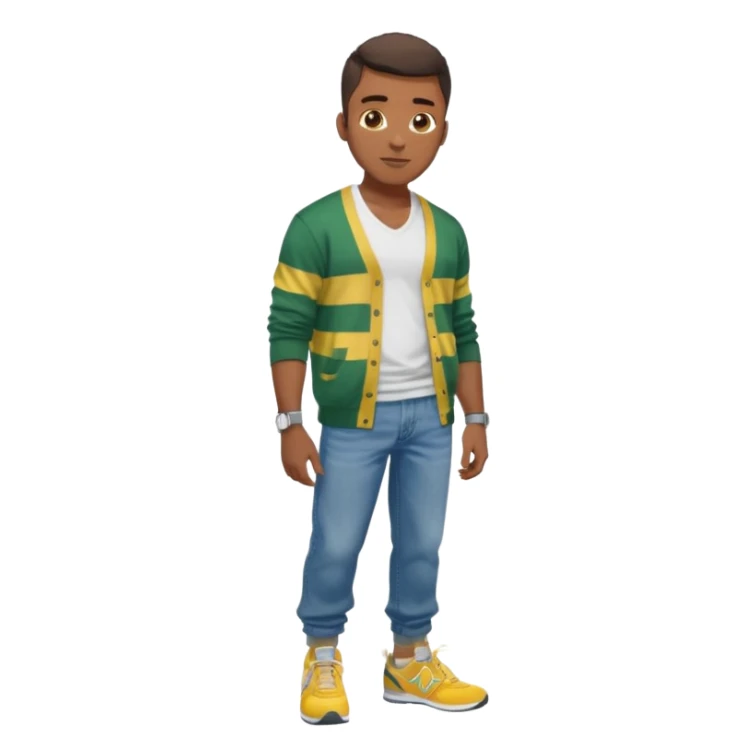 Handsome Black guy with brown skin tone, with lean muscular build, wearing baggy blue jeans, a white v-neck t-shirt, a yellow and green striped cardigan sweater, and grey new balance sneakers  sticker