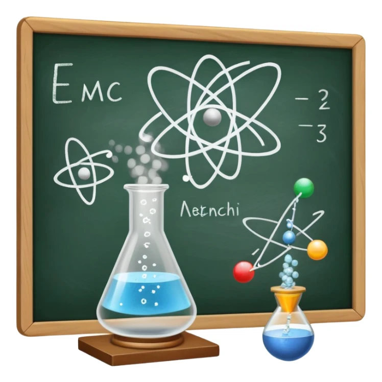 An icon featuring an atom model, a beaker with swirling particles, and a chalkboard with E=mc², symbolizing physics. The design includes a magnet, a pendulum, and a prism splitting light, representing the study of matter, energy, and natural laws. Transparent background sticker
