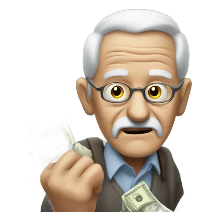 greedy old man seeing money in his both hands sticker