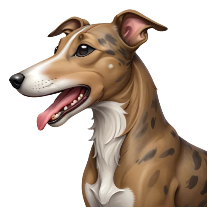 Cinematic Cute Yawning Brindle Greyhound Portrait Emoji, Head tilted slightly with a dramatic, wide-open yawn, showcasing a smooth brindle Fur with a refined pattern, floppy ears slightly drooping, round eyes barely open in drowsy contentment, Simplified yet irresistibly adorable features, highly detailed, glowing with a soft, cozy glow, high shine, relaxed yet expressive, stylized with a touch of whimsy, bright and endearing, soft glowing outline, capturing the essence of a sleepy yet affectionate racer, so drowsy it feels like it could stretch out of the screen and curl up for a nap! sticker