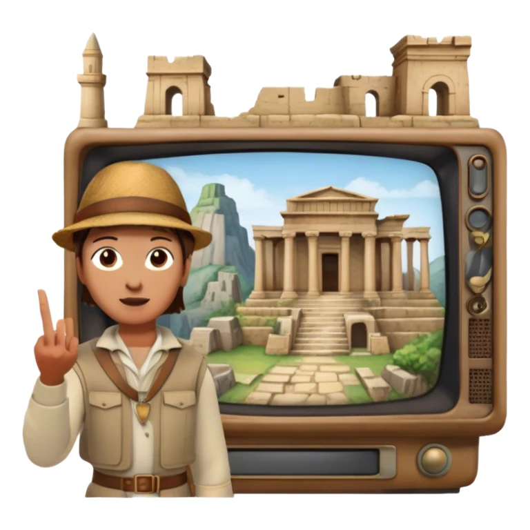 Icon for Documentary Film (TV style): A traveler pointing backward and narrating in front of ancient ruins, with a vintage TV screen framing the scene. Include elements like historical landmarks, maps, and exploration tools to evoke a sense of adventure. Transparent background. sticker