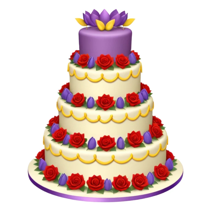 A large three teir cake with first mayer decorated with roses, second with Sunflowers and third with Tulips and Happy Birthday Dear written on top. sticker