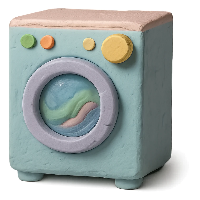 washing machine in claymation style with pastel colors and visible fingerprints sticker