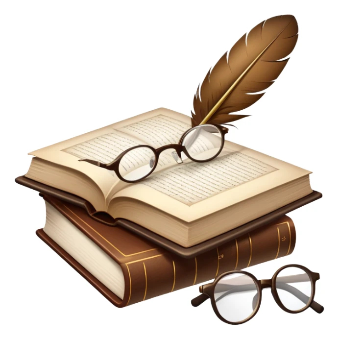 An icon showing an open classic book with elegant pages, a feather quill, and reading glasses resting on top. Behind it, a stack of literary works and a candle evoke deep study and timeless stories. Transparent background highlights the analysis of literature and texts. sticker