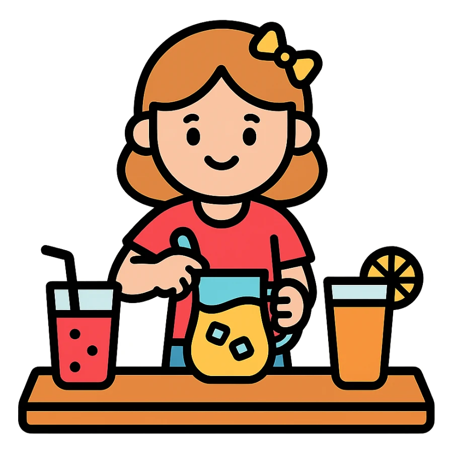 cartoon girl preparing cold drinks and juices on a table, bright colors sticker