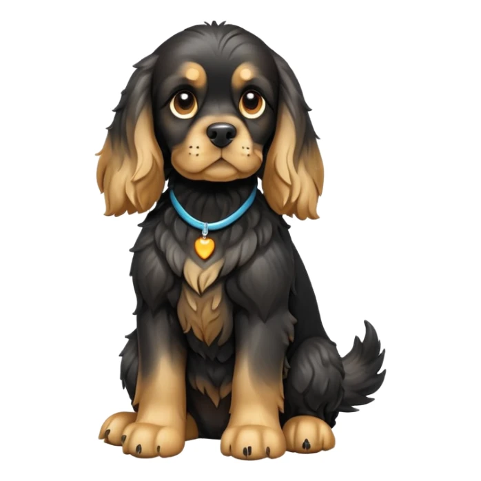 cinematic-[cocker spaniel dog]-realistic-full-body-sitting-emoji,-tail-resting-loosely-beside-its-paws,-head-tilted-dramatically,-scruffy-[black]-fur,-simplified-yet-realistic-focused-features,-highly-detailed,-glowing-with-an-almost-sarcastic-glow sticker
