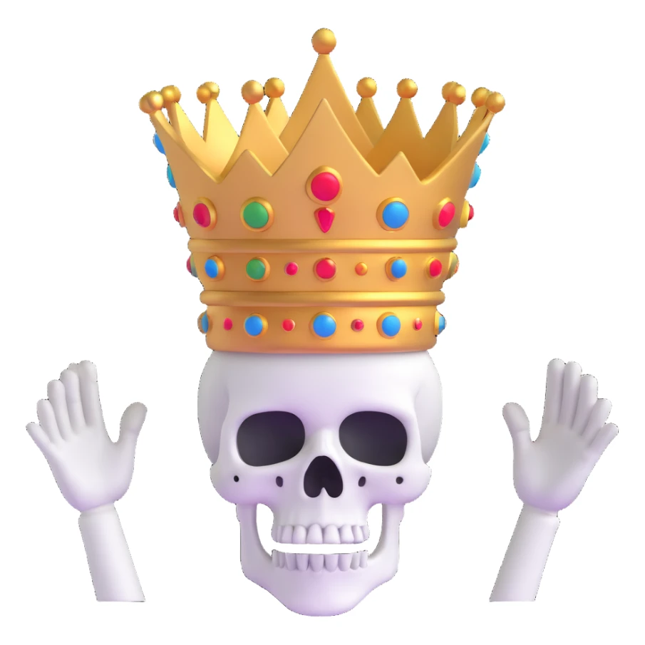 A shocked skull with a crown on top, both hands raised pressing on its head in disbelief, black and white sticker