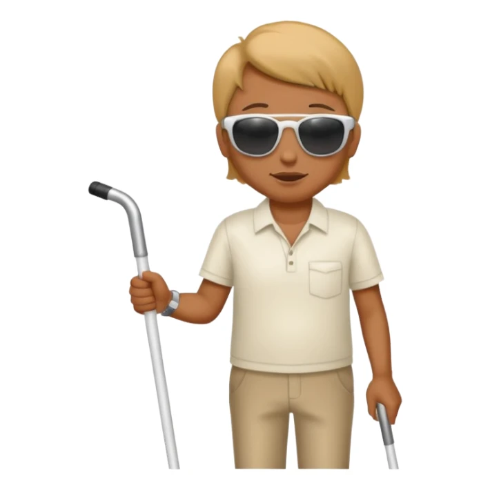 A blind person wearing sunglasses and holding a guide cane sticker
