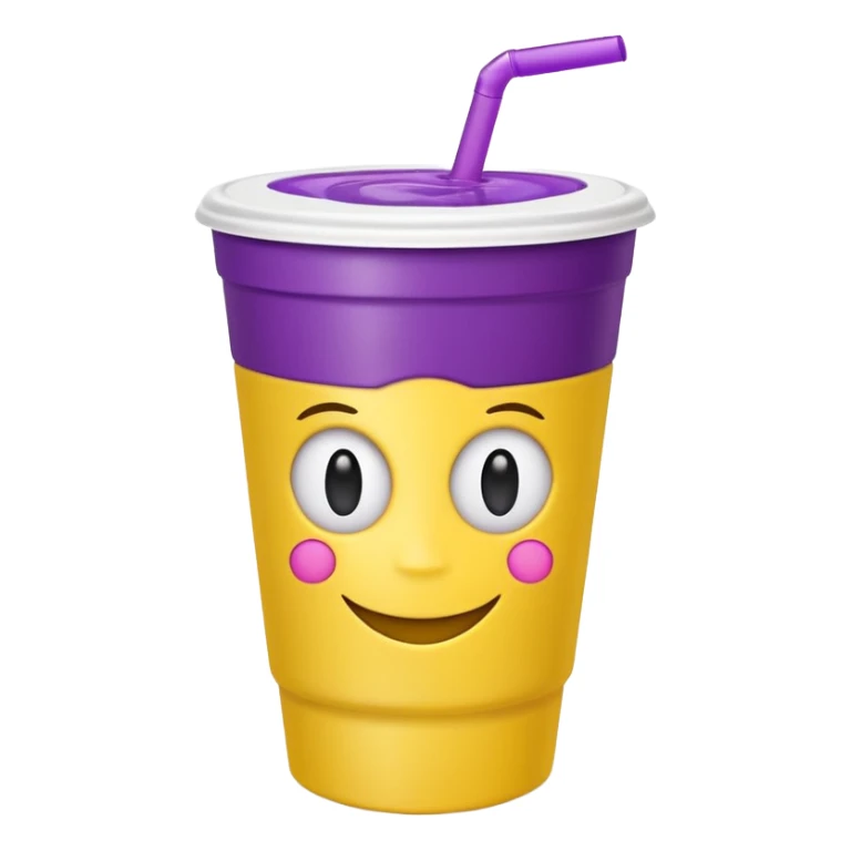  White styro with purple juice inside visible from the top only. Add a yellow emoji face that os holding the cup sticker