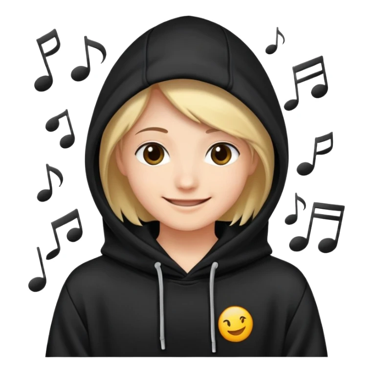 a smiling face peeking out from a hoodie with musical notes around sticker