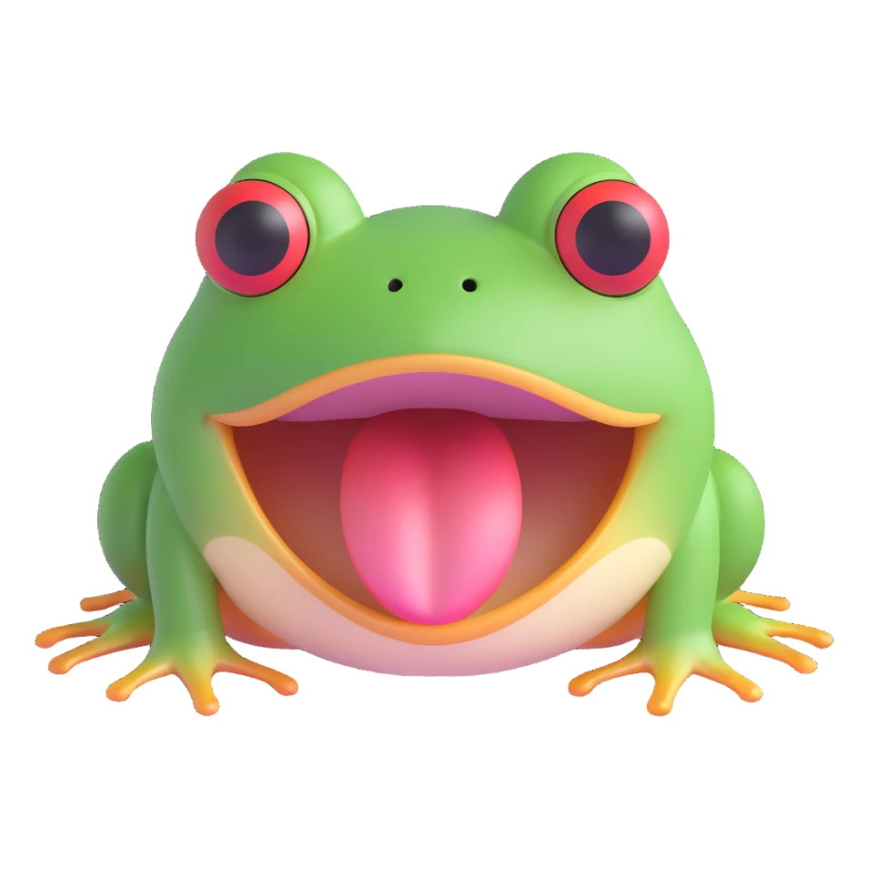 3D emoji style frog face, mouth open as if surprised, simple and cute sticker